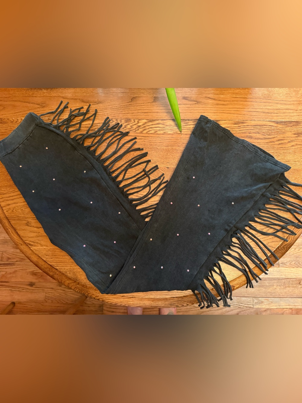 Black Fringed Pants with Subtle Stud Accents